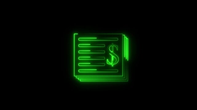 Dollar bill icon animation displays currency paper on a stack of files. Financial wealth accumulation telemetry routes on dollar bill icon. Banking databases use icon.