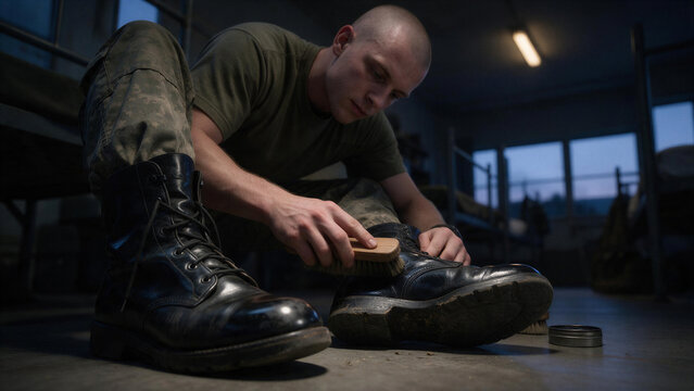 Diligent young male soldier polishing combat boots with wooden horsehair brush in army barracks.