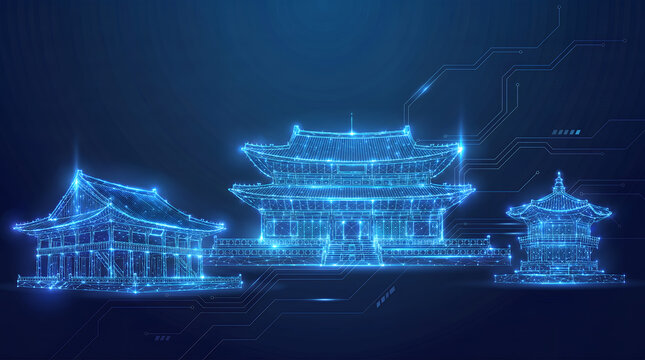 Futuristic vector illustration of Gyeongbokgung Palace monument composed of glowing blue low poly wireframe, circuit lines, and luminous network dots on dark background.