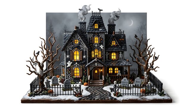 Haunted gingerbread mansion with glowing lights, spooky trees, and a graveyard scene on a snowy base