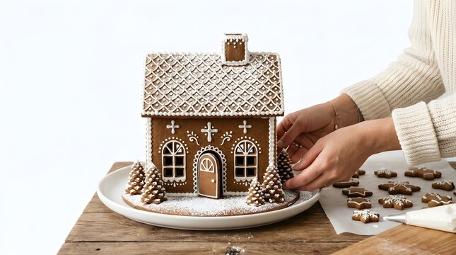 A person decorating a traditional brown gingerbread house with white icing, isolated on white background