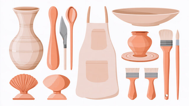Pottery and Ceramics Tools Set with Apron Vase Brushes and Clay Tableware