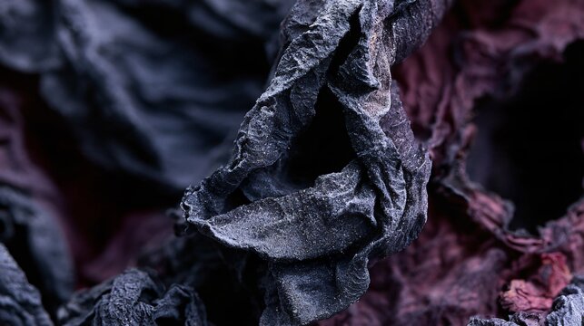 A macro photograph of decayed autumn fruit skin creates unsettling organic dark Halloween textures through wrinkled black-purple surfaces, dried cavities, dusty bloom, collapsed folds