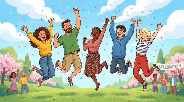 Happy friends jumping for joy in a sunny park