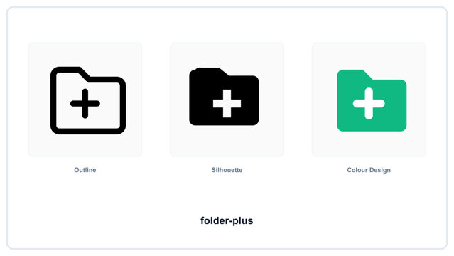 Set of folder plus featuring outline, solid black, and green color styles, presented on a white background, for user interface usage