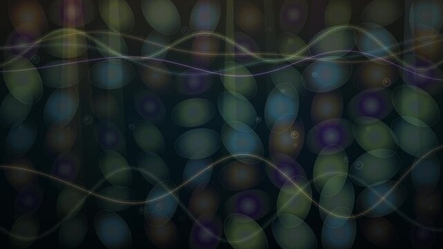 Flowing wavy lines create a looping motion over blurred circular shapes