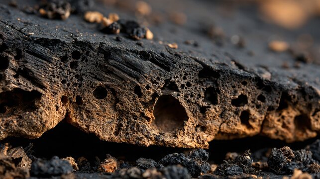 A macro view of charred cork produces porous dark Halloween textures filled with irregular cavities, brittle ridges, carbon-black fragments