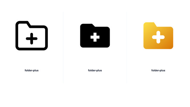 Three folder plus in outline, solid black, and orange gradient styles, isolated on a white background, for digital interface applications