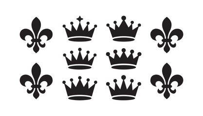 Fleur de lis and royal crown silhouettes set in black on grid background suitable for heraldic designs and luxury brand. © MDHASIBUR