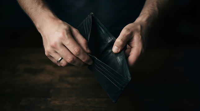 Adult man holding empty wallet showing financial hardship