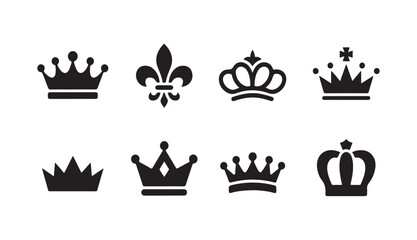 Assorted black crown icons for royalty branding featuring fleur de lis designs and simple shapes for elegant corporate use. © MDHASIBUR