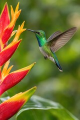 Fototapeta premium Green hummingbird hovering beside red and orange tropical flower while feeding on nectar in nature