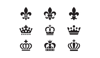 Fleur de lis and royal crown collection featuring elegant heraldic motifs for luxury branding and classic logo designs. © MDHASIBUR