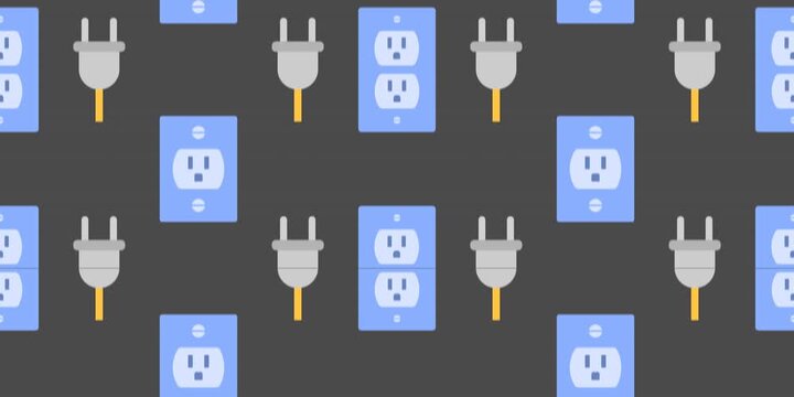 Seamless electrical themed pattern featuring electrical plugs, wall outlets and plug prongs moving through an evenly spaced repeating layout for electrician services, home wiring promotions.