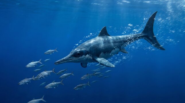 Prehistoric Ichthyosaur marine reptile swimming fast underwater with a school of fish in deep blue ocean, 3D paleoart.