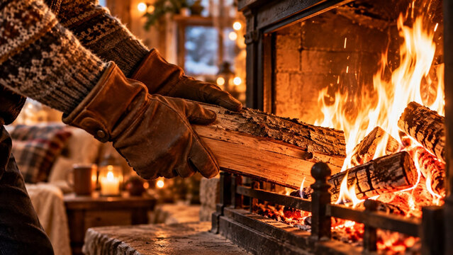 Hands Placing Firewood into a Cozy Fireplace on a Winter Evening