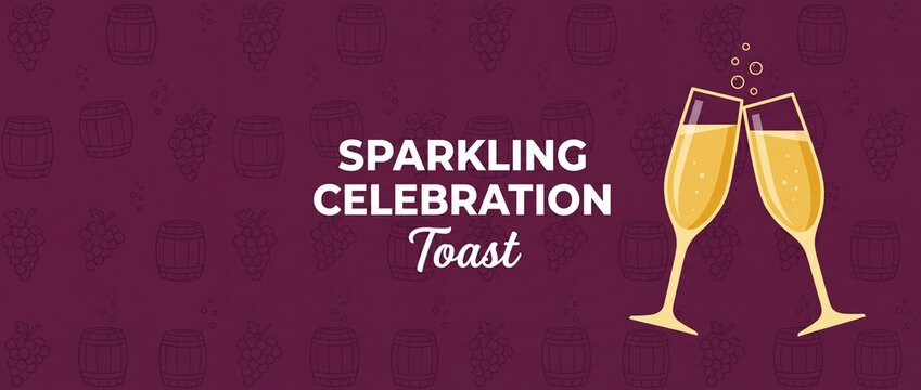 Champagne toast celebration banner background with two clinking glasses of sparkling wine and purple grape vineyard barrel pattern for holiday party invitation greeting card luxury cheers concept