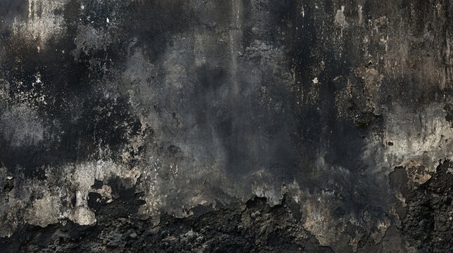 Dark Halloween textures cover an abandoned plaster wall where decades of moisture have produced peeling layers, mineral blooms, irregular stains, exposed masonry