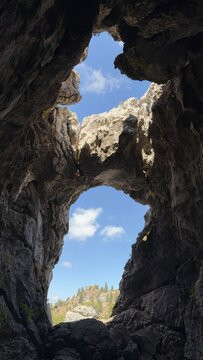 Natural rock arch and cave opening overlooking forest landscape in Gidengelmez Mountains
