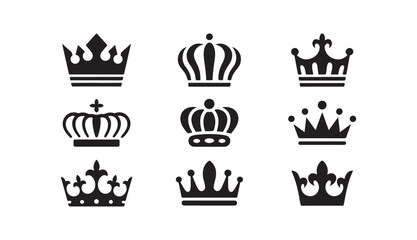 Ornate heraldic crown icons featuring fleur de lis and cross motifs for historical themes and royal crest applications. © MDHASIBUR