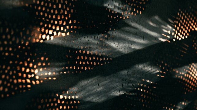 Dark Halloween textures emerge from overlapping shadows cast through irregular perforated metal, producing abstract black shapes, soft-edged gray transitions, tiny points of amber illumination