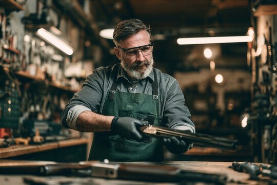 Experienced gunsmith examining rifle in workshop