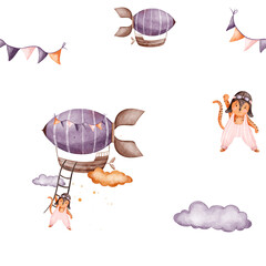Pattern watercolor kids illustration with airships, animal cheetah pilots, clouds and colorful bunting garland on isolated from background. Print for textile design fabrics baby clothing wallpaper © Linerisy