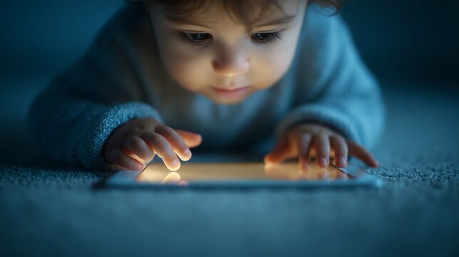 A kid with a tablet. High-angle view of a child reaching for a tablet with a glowing screen