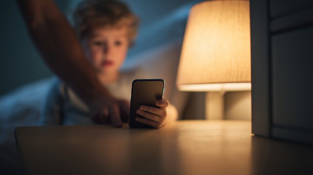 Parent taking phone from child at bedtime. Parent taking phone from child at bedtime nighttime screen time limits