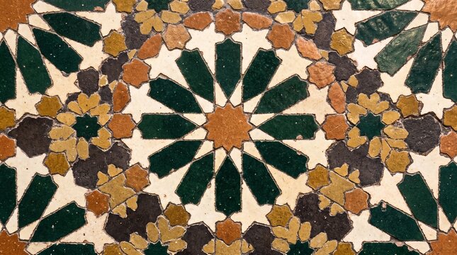 Traditional Moroccan ceramic mosaic tilework featuring intricate geometric patterns and star designs