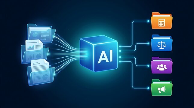 Glowing blue ai cube processing data from document folders into categorized orange, blue, purple, and green file folders on dark background