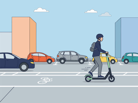 A young man riding an electric kick scooter along a city street bike lane wearing a helmet and backpack for urban daily commute modern eco friendly personal tra