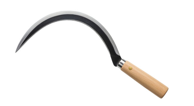 Sharp metal sickle with a wooden handle isolated on a plain transparent background for agriculture and gardening work