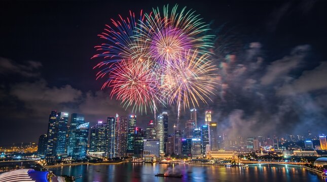 Colorful fireworks exploding over generic modern city skyline at night