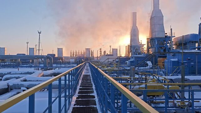 Snowy industrial plant walkway leads toward smoking towers at sunrise. Elevated metal walkway frames energy facility, with frosty pipes and glowing steam creating cold, dramatic mood.
