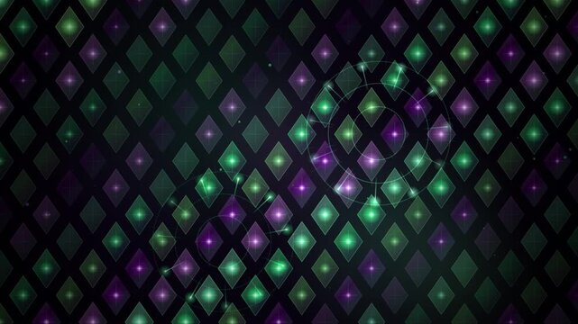 Glowing green and purple diamond grid pattern with neon lights in a looping abstract background