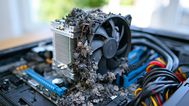 Close-up of a heavily dusty CPU cooling fan and aluminum heatsink inside a desktop computer case, clogged cooling fins and accumulated dust clearly visible, motherboard and power cables in backgroun