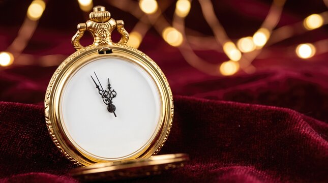 Elegant gold analog pocket watch approaching midnight on dark velvet