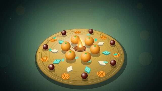 Diwali tilted golden thali of sweets with central diya on teal