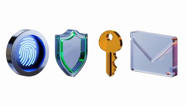 Cybersecurity Icons Set Shield Golden Key and Glass Interface 3D