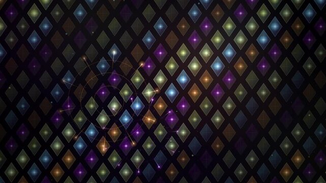 Multicolored glowing diamond shapes create a seamless looping dark background