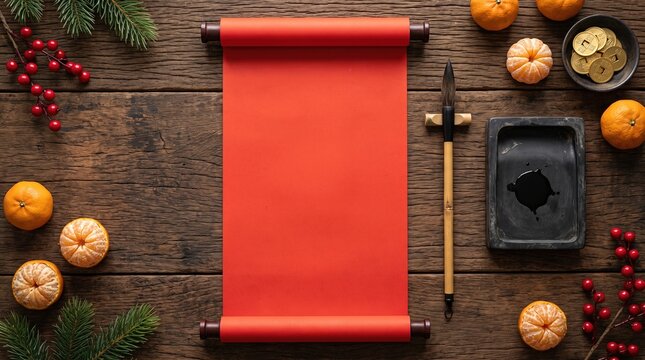 Blank vertical red paper scroll with calligraphy brush on wooden table