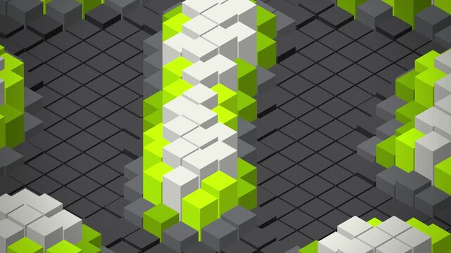 Acid green isometric cube columns rising in ripples on black