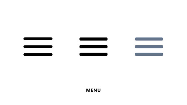 Three horizontal menu bar with the text label menu, including a black outline, a solid black silhouette, and a grey horizontal menu bar
