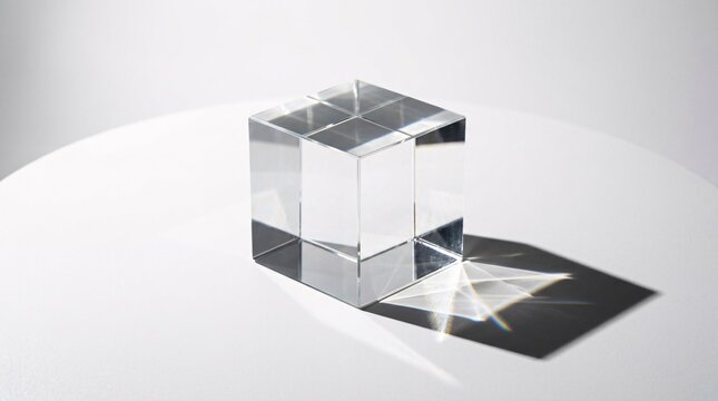 Transparent glass cube on white lit by strong directional light yields sharp shadows, caustics and refractions, minimalist abstract style