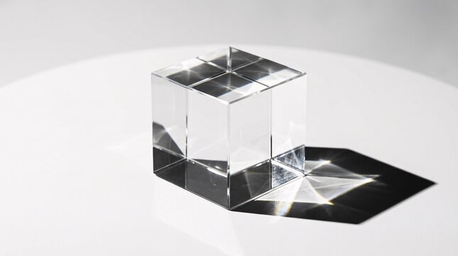 Transparent glass cube on white lit by strong directional light yields sharp shadows, caustics and refractions, minimalist abstract style