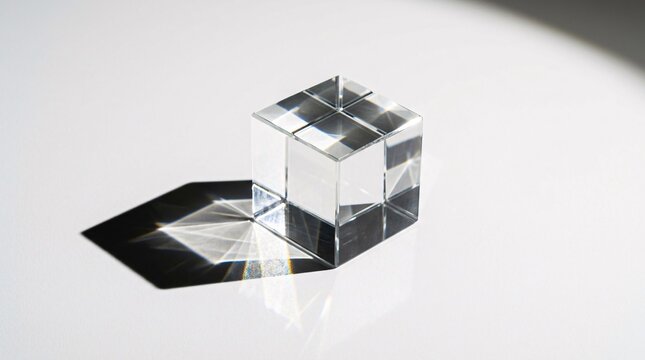 Transparent glass cube on white lit by strong directional light yields sharp shadows, caustics and refractions, minimalist abstract style