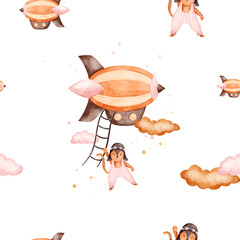 Pattern watercolor kids illustration with airships, animal cheetah pilots, clouds and colorful bunting garland on isolated from background. Print for textile design fabrics baby clothing wallpaper © Linerisy