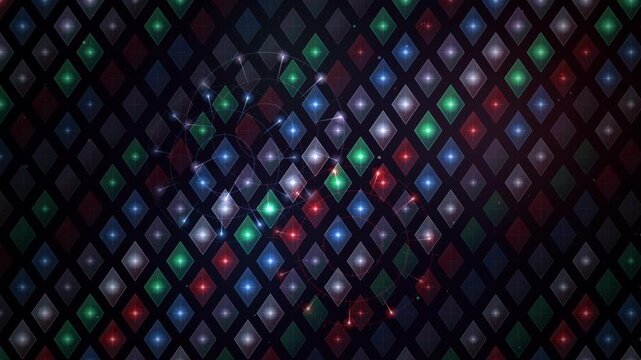 Colorful digital grid with glowing points forming a seamless looping pattern
