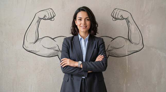 Confident businesswoman with crossed arms standing against a wall with a drawing of muscular arms symbolizing inner strength